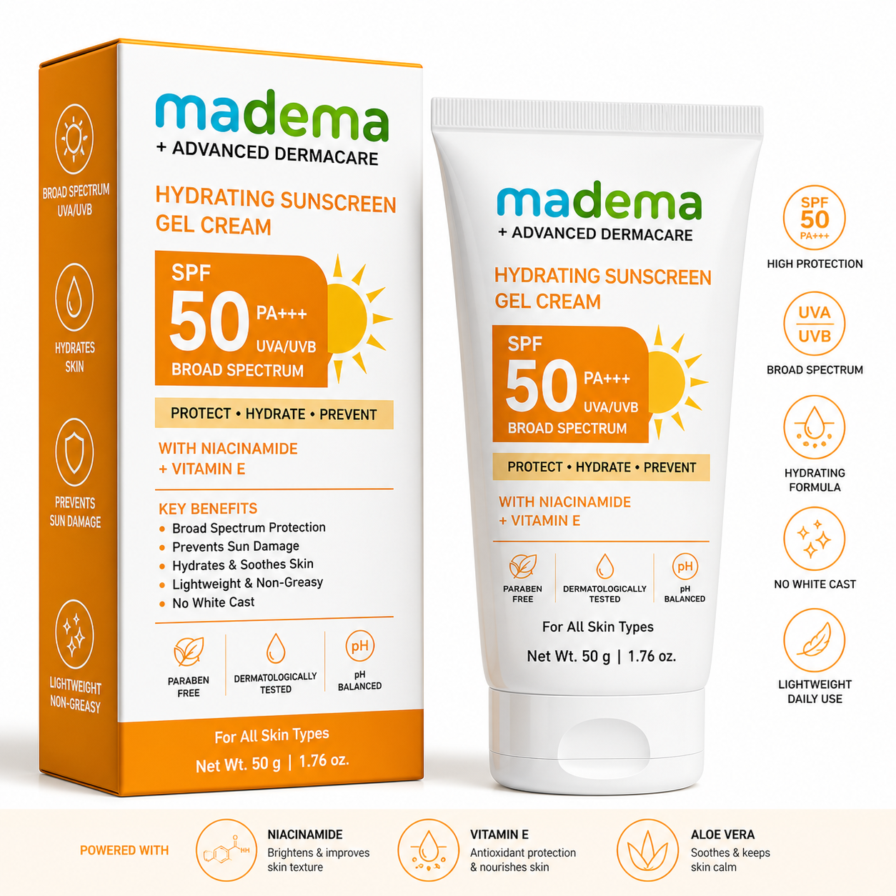 Madema Hydrating Sunscreen Gel Cream – SPF 50 PA+++ Broad Spectrum UVA/UVB Protection